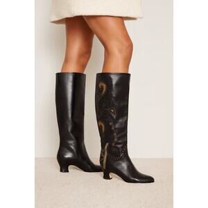 Serena D'Italia Leather Embellished Pull On Almond Toe Knee High Boots Black 40